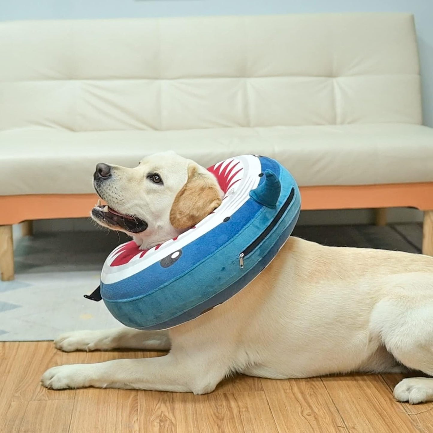 Large breed dog sleeping comfortably with BEAUTYZOO plush recovery neck pillow
