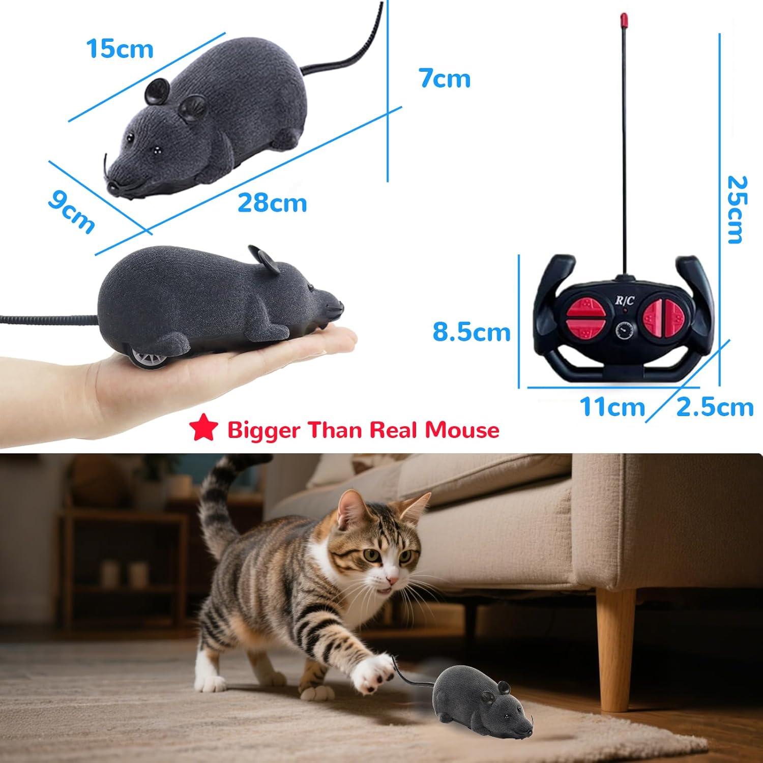 Pixibond realistic electronic chasing rat toy placed on smooth hardwood indoor floor surface