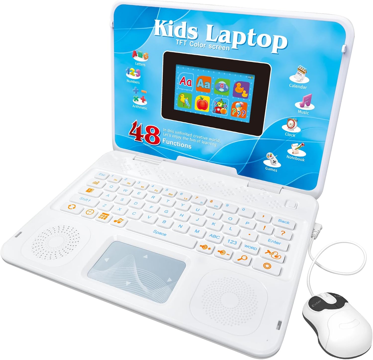 HAIOUMM kids laptop educational color screen device front view showing keyboard and mouse.