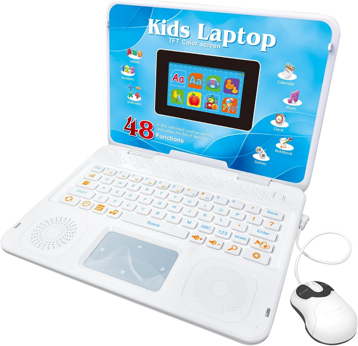 HAIOUMM kids laptop educational color screen device front view showing keyboard and mouse.