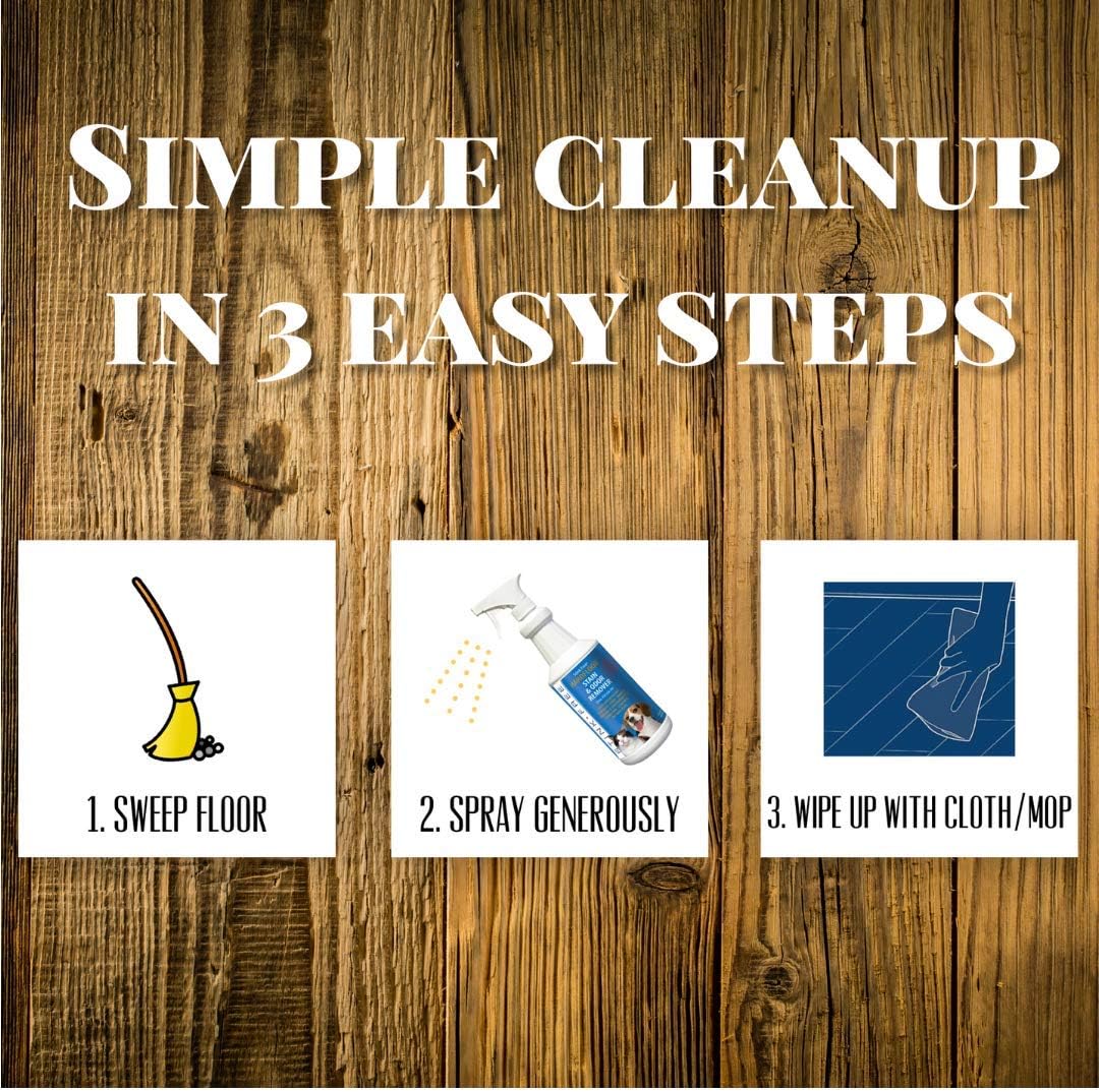 Stink Free pet mess cleaning spray bottle next to a microfiber mop on a laminate floor.