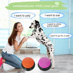 Gelabur voice recordable buttons being pressed by a pet paw for speech training.
