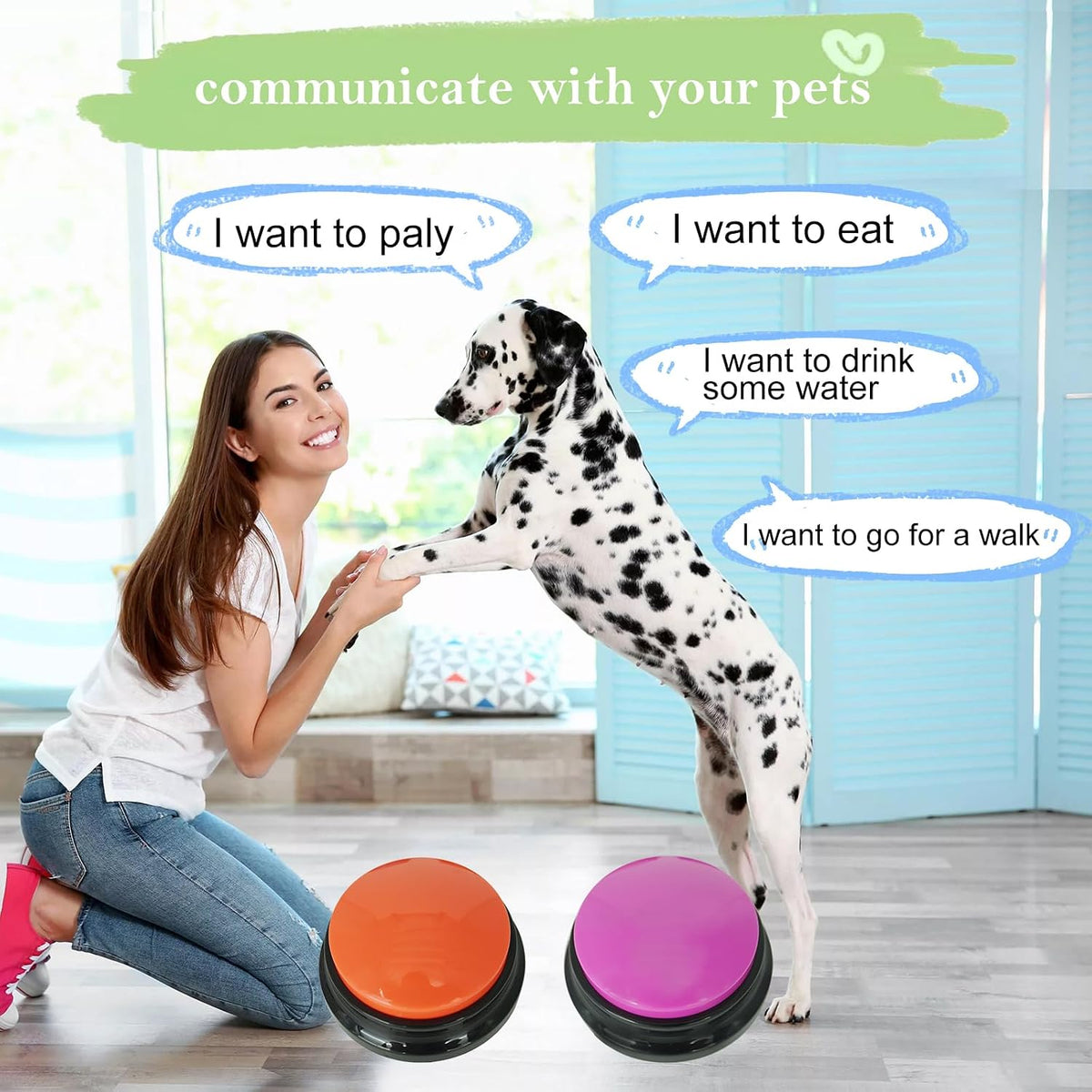 Gelabur voice recordable buttons being pressed by a pet paw for speech training.