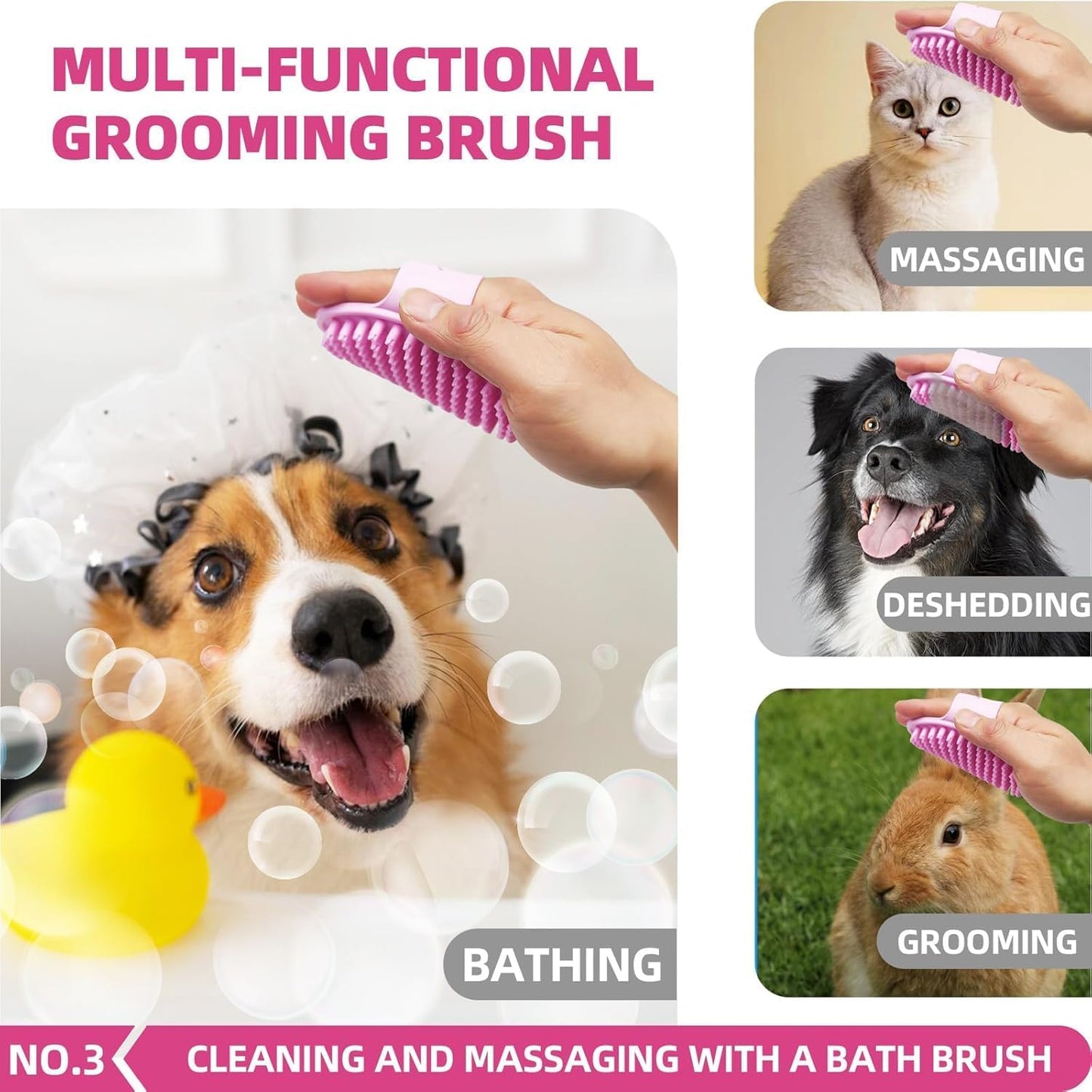 Extended silicone pet washing gloves with soft grooming bristles.