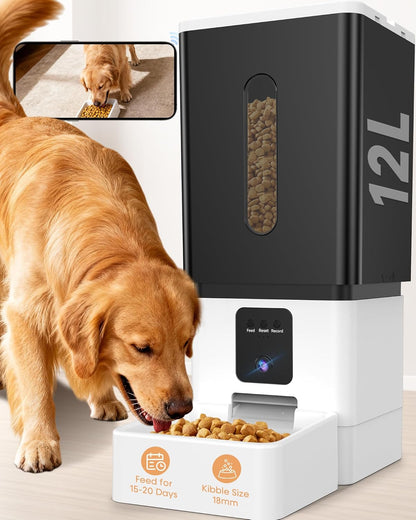 UTCG large breed automatic dog feeder front view displaying the integrated 1080P HD camera and spacious feeding bowl.