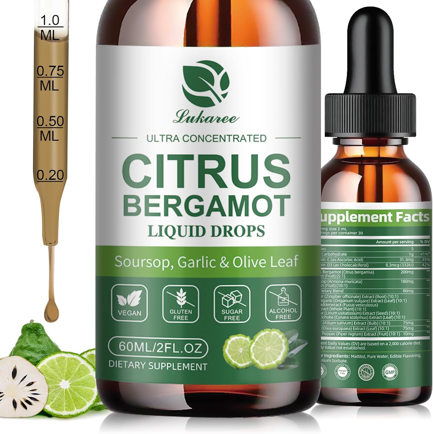 Lukaree Citrus Bergamot and Soursop Liquid Drops front view for heart health