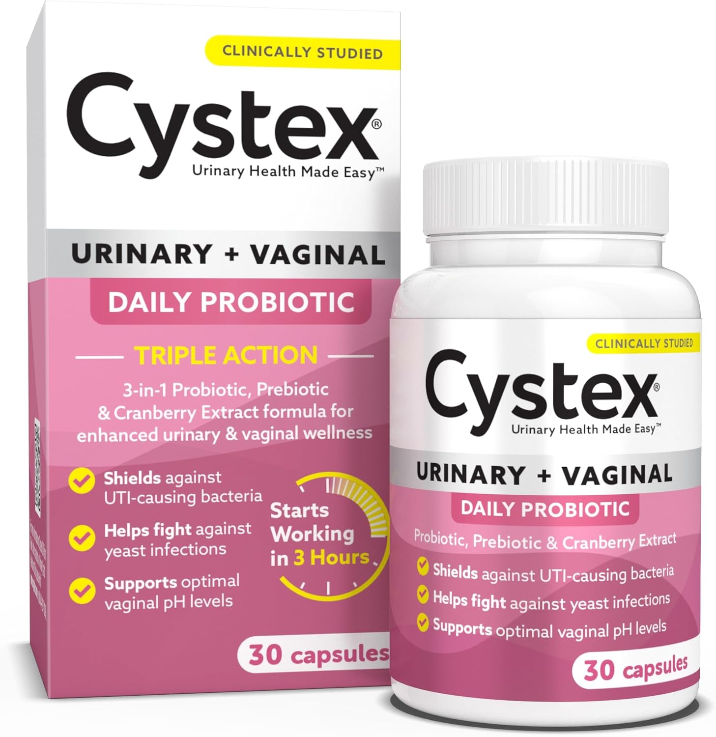 Cystex 3-in-1 Urinary Tract Probiotic for Women 30 capsules front view showing the daily feminine health supplement bottle.