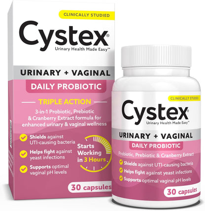 Cystex 3-in-1 Urinary Tract Probiotic for Women 30 capsules front view showing the daily feminine health supplement bottle.