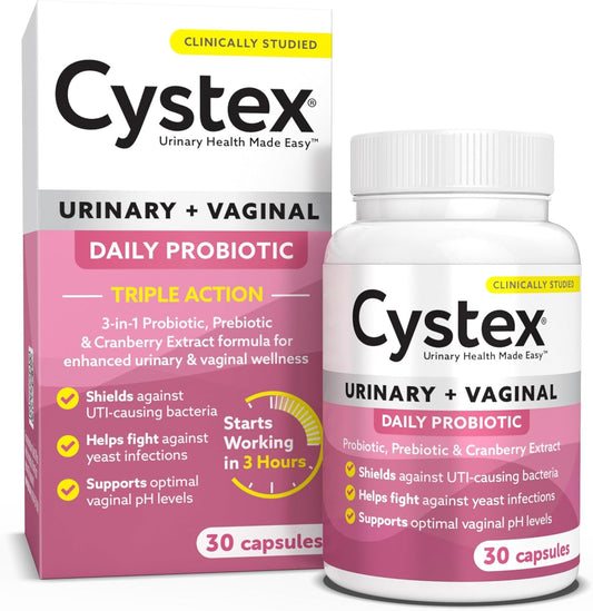 Cystex 3-in-1 Urinary Tract Probiotic for Women 30 capsules front view showing the daily feminine health supplement bottle.