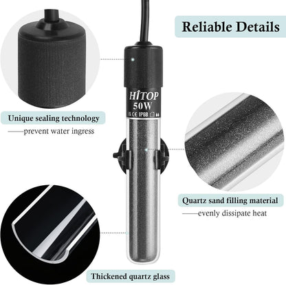 Side profile of Hitop 50W quartz glass aquarium heater
