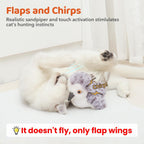 Potaroma interactive cat toy side view showcasing realistic plush sandpiper design.