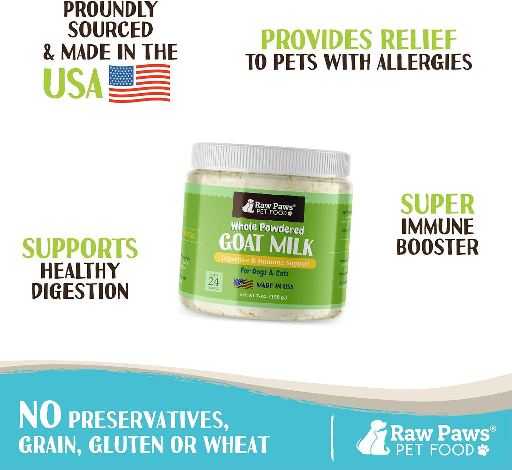 Raw Paws goat milk powder label showing USA sourcing