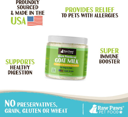 Raw Paws goat milk powder label showing USA sourcing
