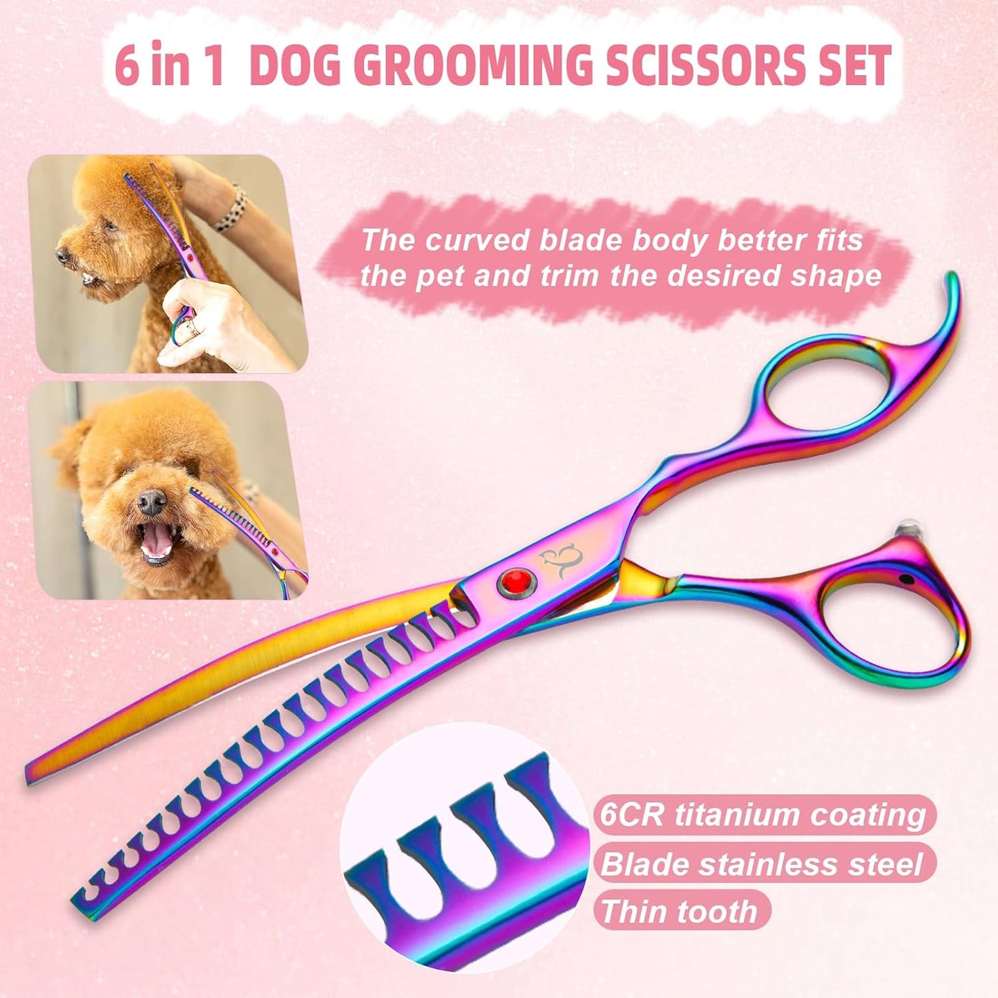 Close up of the Japanese steel blades on the Nyutcwe professional rainbow pet grooming kit