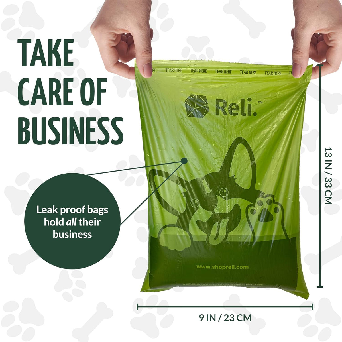 Reli leak proof pet poop rolls showing twenty four roll pack packaging