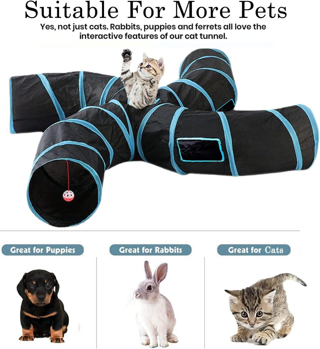 Durable tear-resistant blue and black pet tunnel showing fully enclosed steel frame