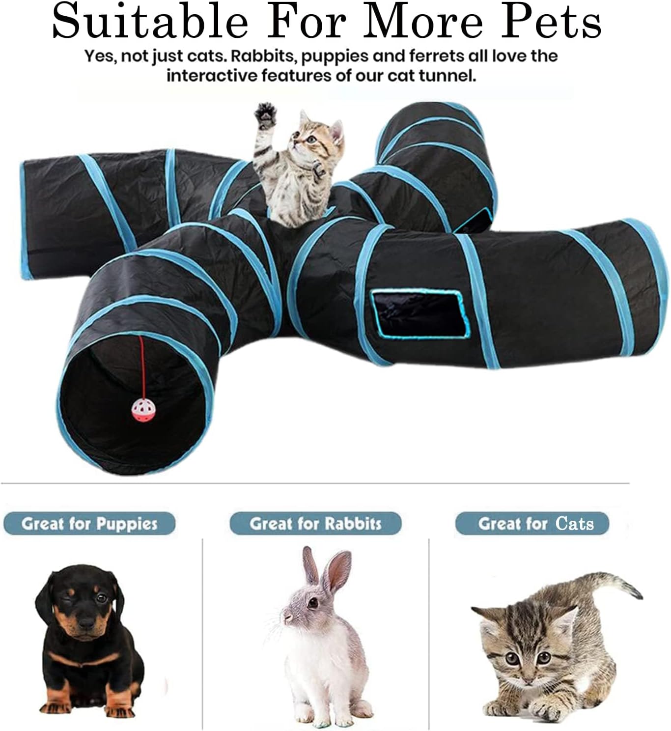 Durable tear-resistant blue and black pet tunnel showing fully enclosed steel frame
