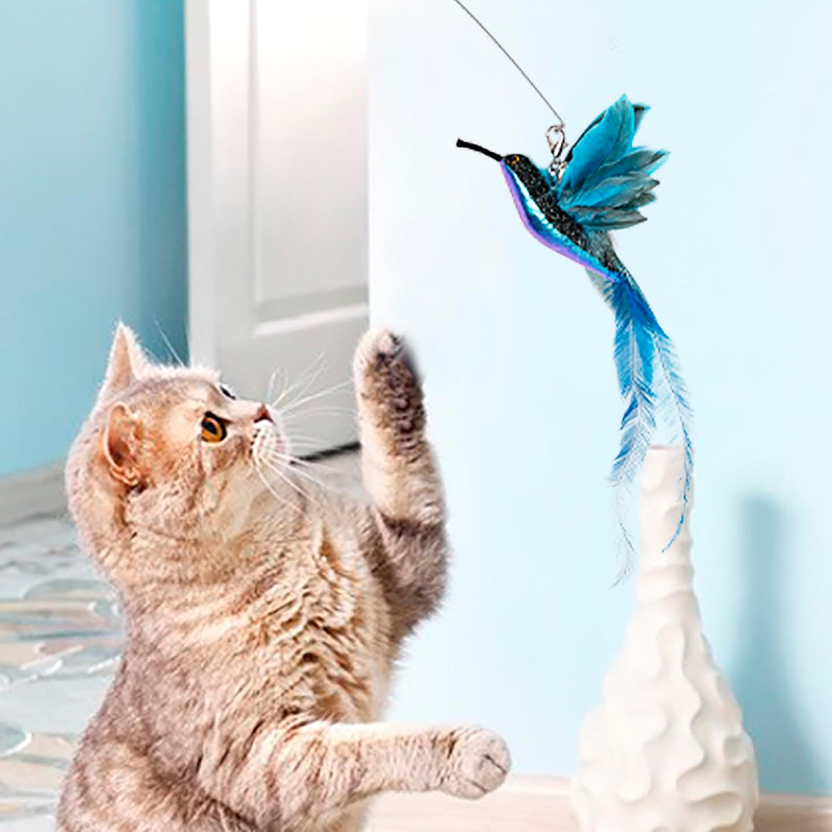 JXFUKAL natural feather cat teaser replacement parts set on white background.