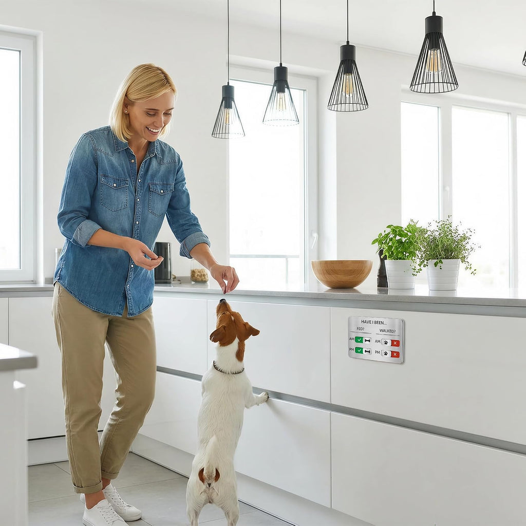 EliteSign dog feeding sign packaging showing all eight included accessories and mounting strips.