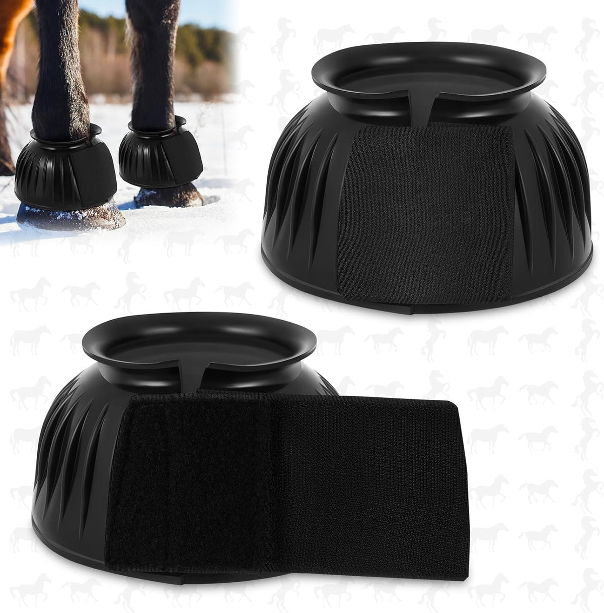 Abbylike rubber horse bell boots front view showing black protective gear.