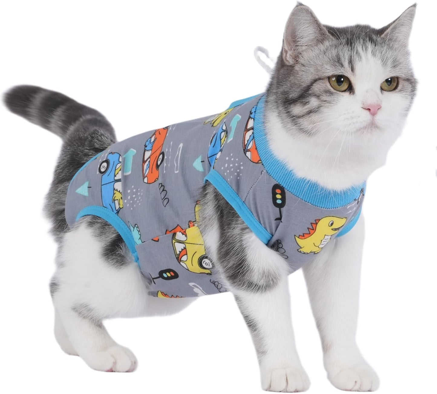 kzrfojy Cat Surgery Recovery Suit Cat Onesie for Cats After Surgery Spay Surgical Abdominal Wound Skin Diseases E-Collar Alternative Wear (Grey-Blue-L) - Image 11