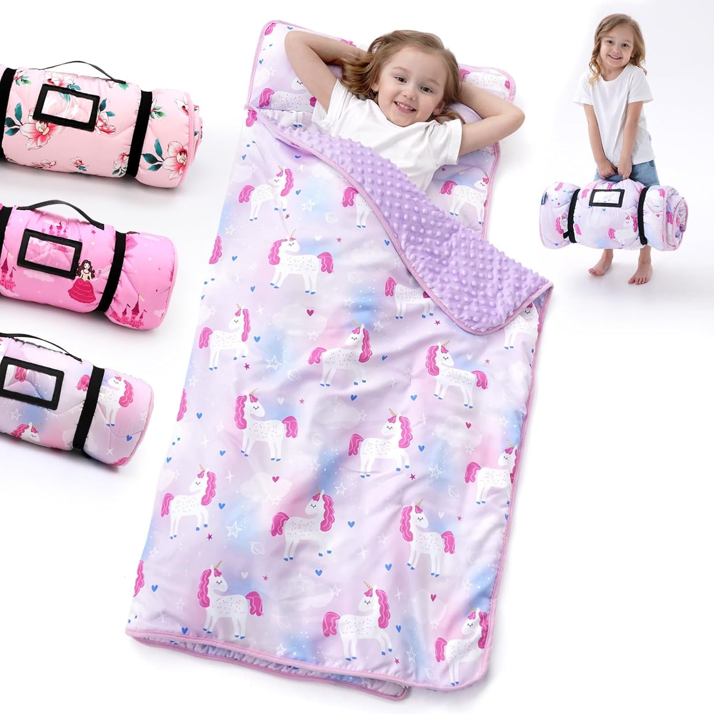 BORPRES toddler nap mat purple pink unicorn theme front view layout