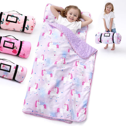 BORPRES toddler nap mat purple pink unicorn theme front view layout