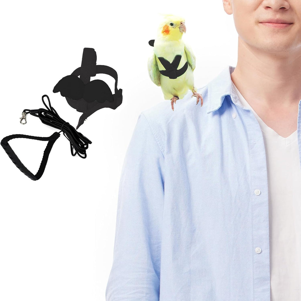 MinrzPet adjustable bird harness front view showing black nylon straps and tightening buckle.