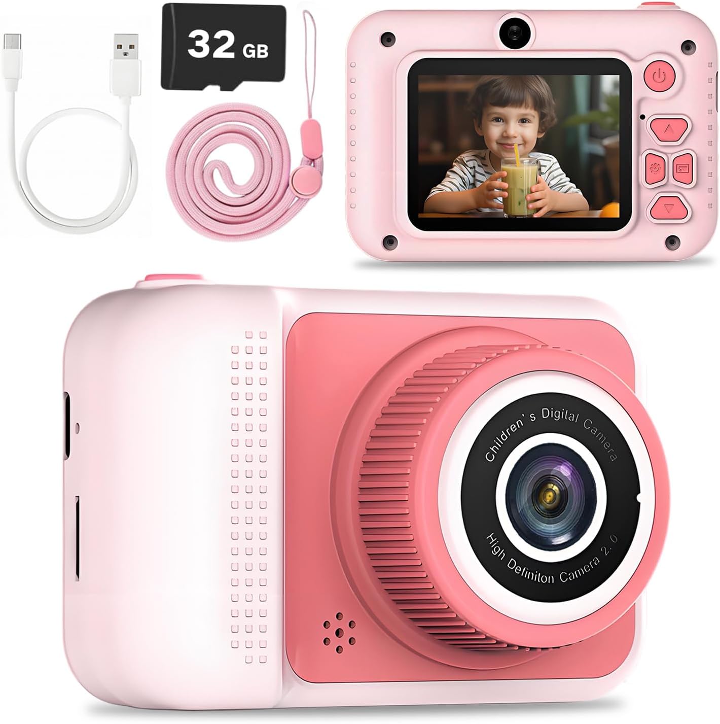 LETONGJH pink kids digital camera toy front view displaying wide lens structure and ergonomic buttons