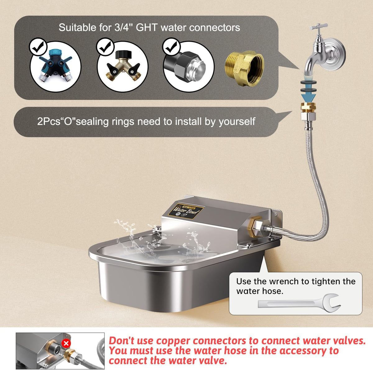 Stainless steel automatic dog waterer with copper connection kit