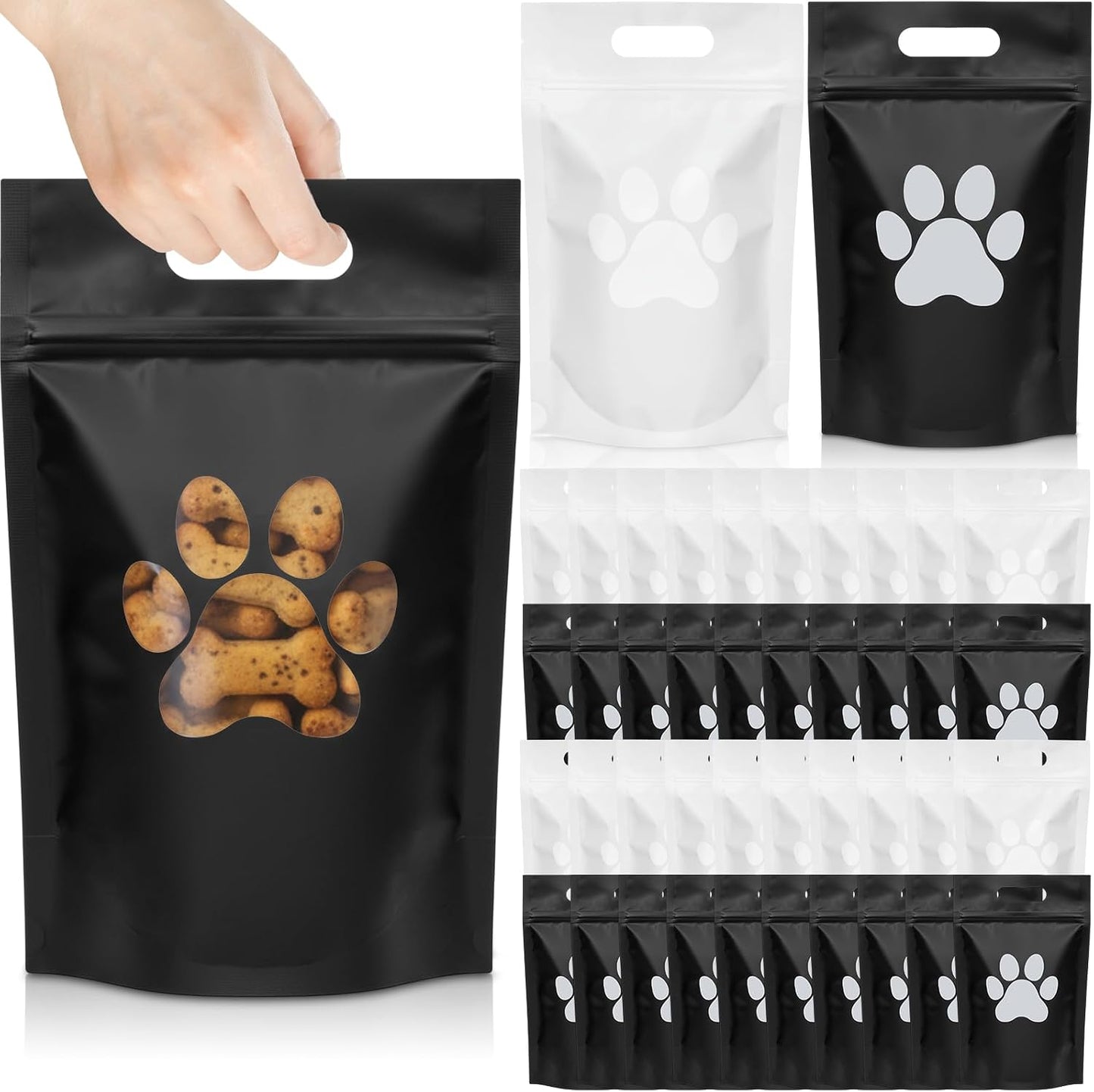 Gersoniel 50 Pcs Paw Dog Treat Bags Gift Bags with Window Resealable Stand up Plastic Zipper Pouches for Canine Delights or Dog Party Supplies, 5.5 x 8.6 inches (Black and White) - Image 10