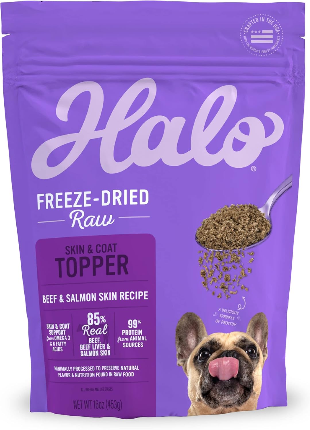 Halo freeze dried dog food topper three point five ounce bag size comparison