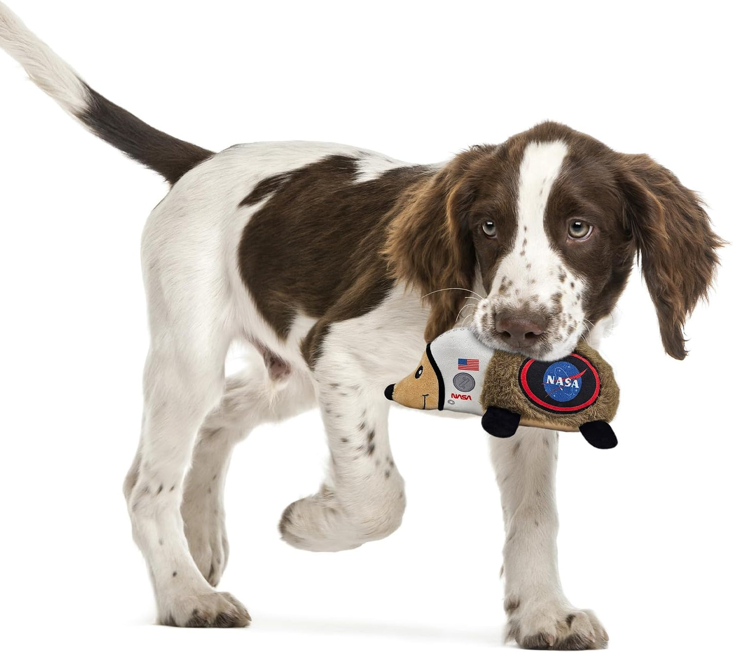 Close up details of the embroidered NASA logo and American flag on pet toy