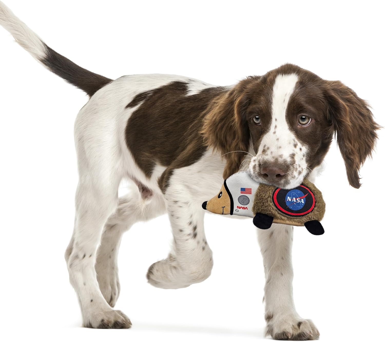 Close up details of the embroidered NASA logo and American flag on pet toy