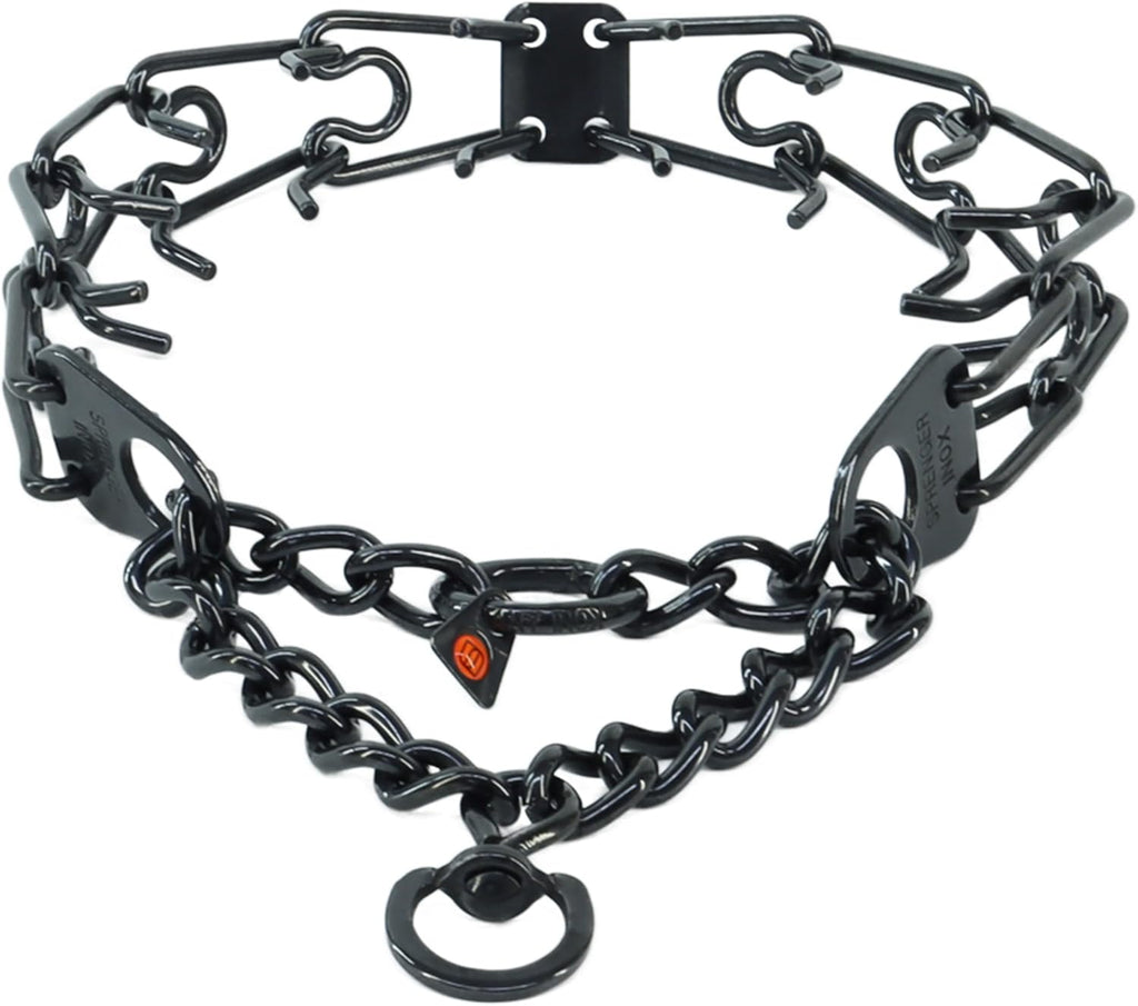 German engineered black stainless steel dog training pinch collar close up