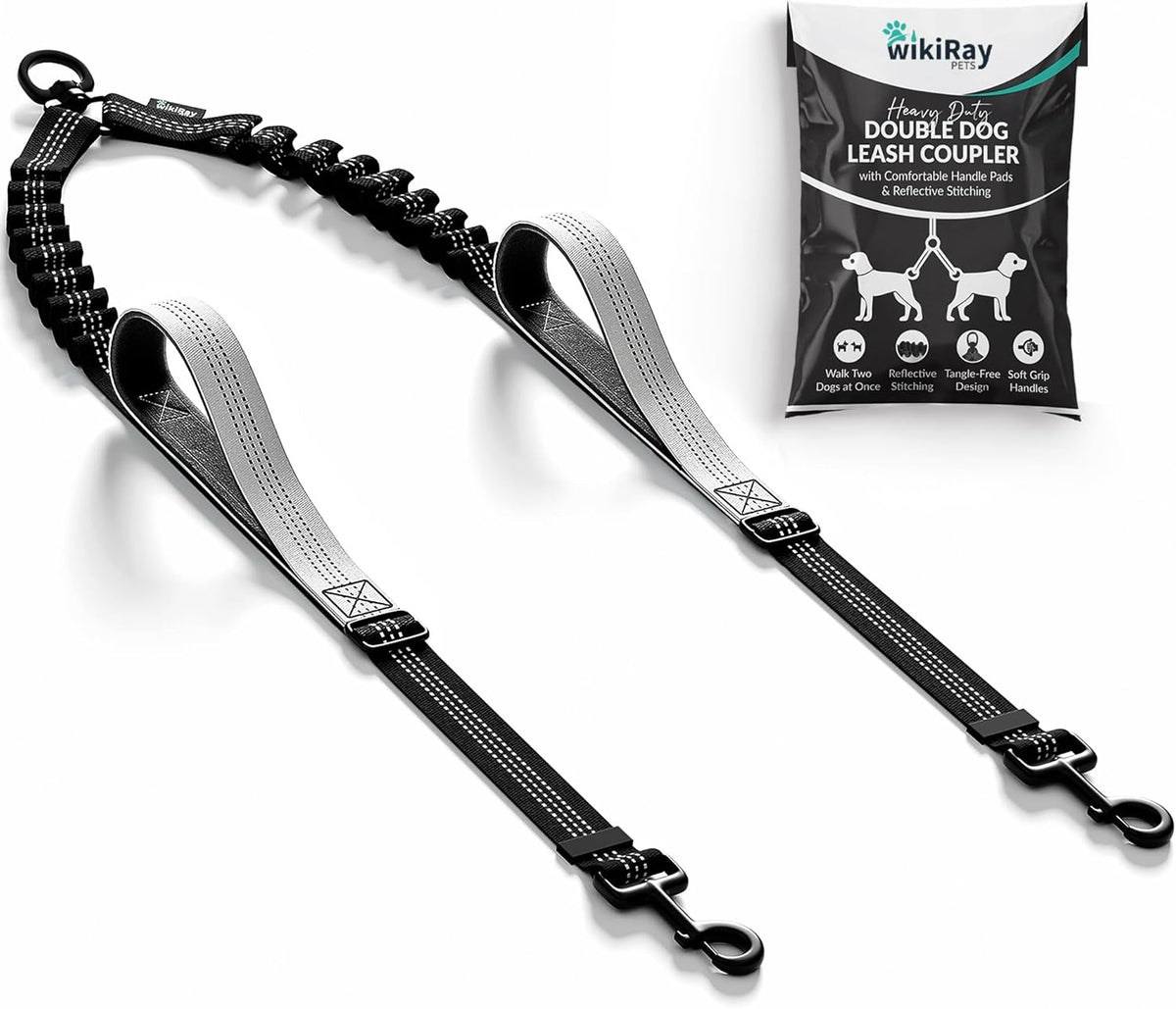 wikiRay Double Dog Leash Coupler for Walking 2 Dogs - No Tangle Dual Dog Splitter with Shock-Absorbing Bungee, Padded Traffic Handles & Reflective Stitching (Sea Green) - Image 10