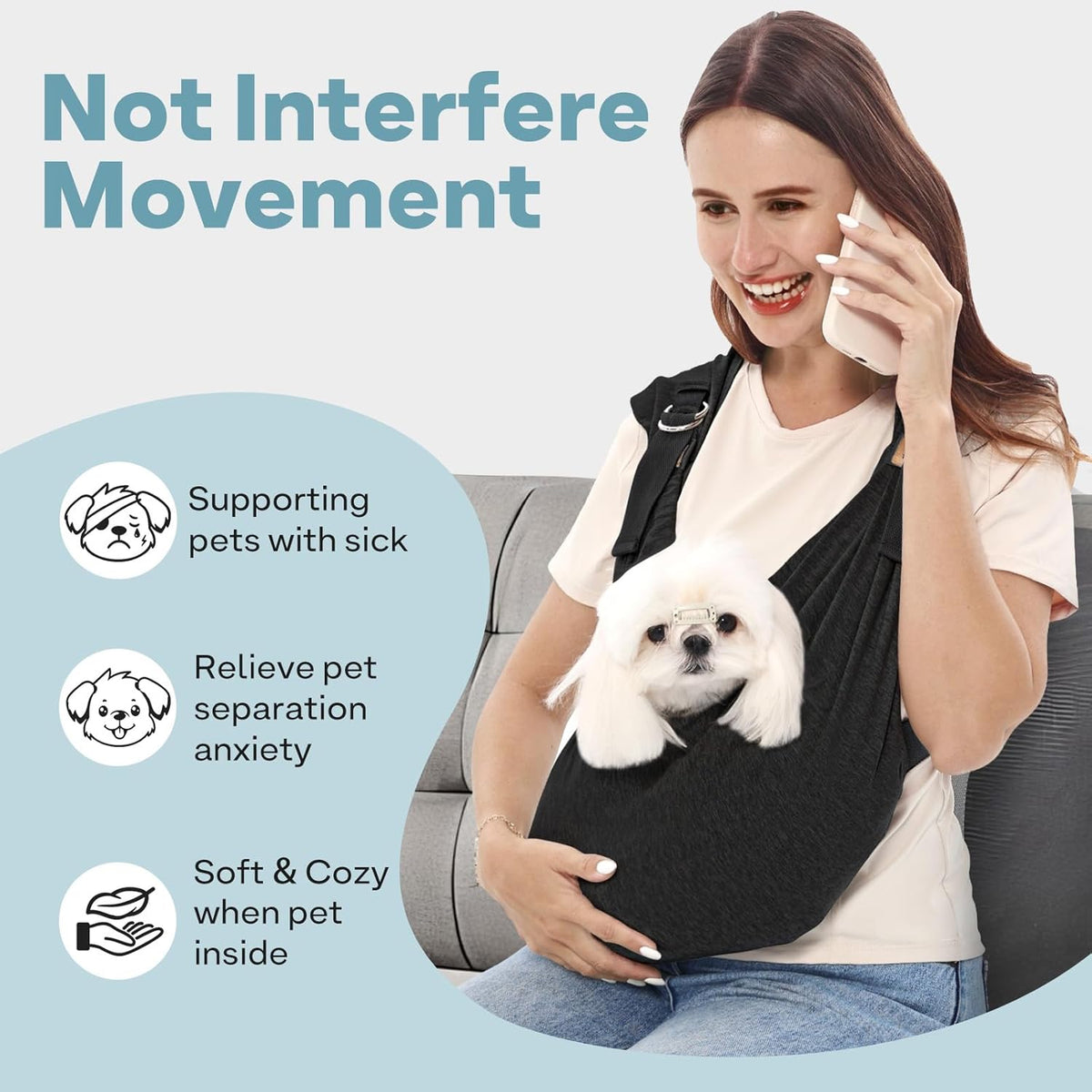 Small dog resting comfortably in black cotton pet sling