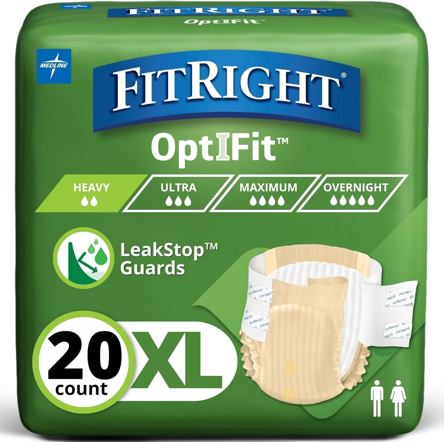FitRight OptiFit Extra Heavy Absorbency Adult Diapers XL package front view displaying disposable incontinence briefs information.