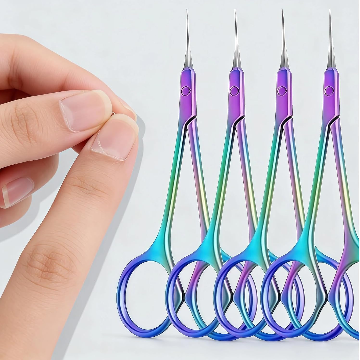 Generic stainless steel cuticle scissors front view featuring a colorful rainbow titanium coating for precision nail grooming.