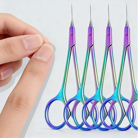 Generic stainless steel cuticle scissors front view featuring a colorful rainbow titanium coating for precision nail grooming.