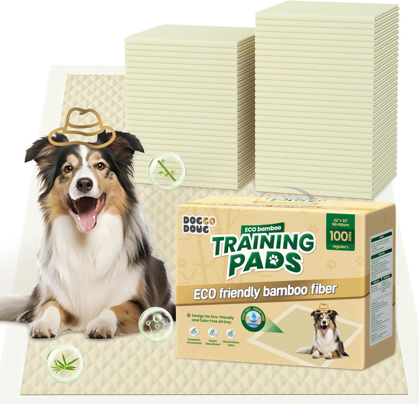 Doggo Doug Bamboo Puppy Training Pads front view of 100 count box package.