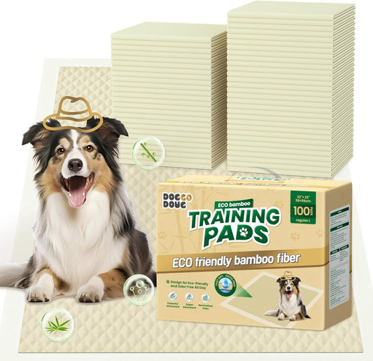 Doggo Doug Bamboo Puppy Training Pads front view of 100 count box package.