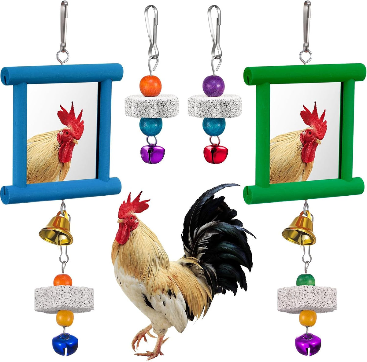 Sumind 2 Pieces Chicken Mirror Toys Hanging Swing Mirror with Bell Wooden Pecking Toy and 4 Pieces Beak Grinding Molar Stones for Hens Birds Parrots - Image 15