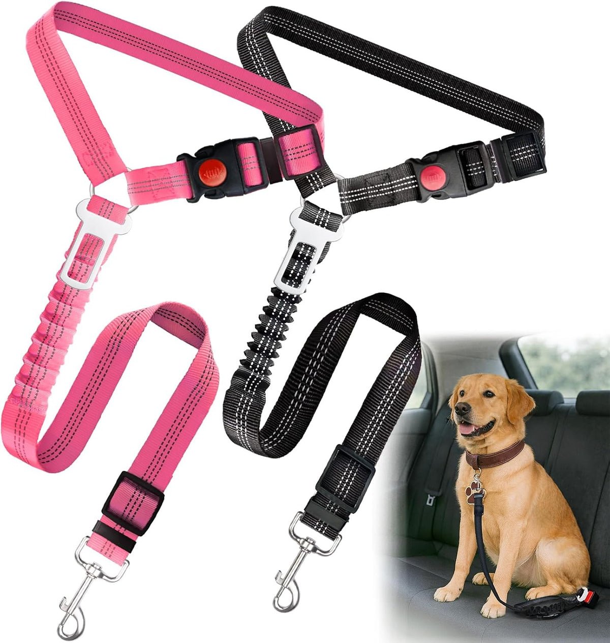 2-Pack Dog Car Seat Belt, 3-in-1 Headrest-Mounted Dog Seatbelt for Car, Adjustable Nylon Pet Safety Leash with Elastic Buffer & Reflective Stitching, Durable Car Harness for Dogs Fits Most Vehicles - Image 11