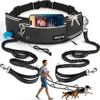 Qltytoy hands free double dog leash front view showing the black adjustable waist belt and dual bungees.