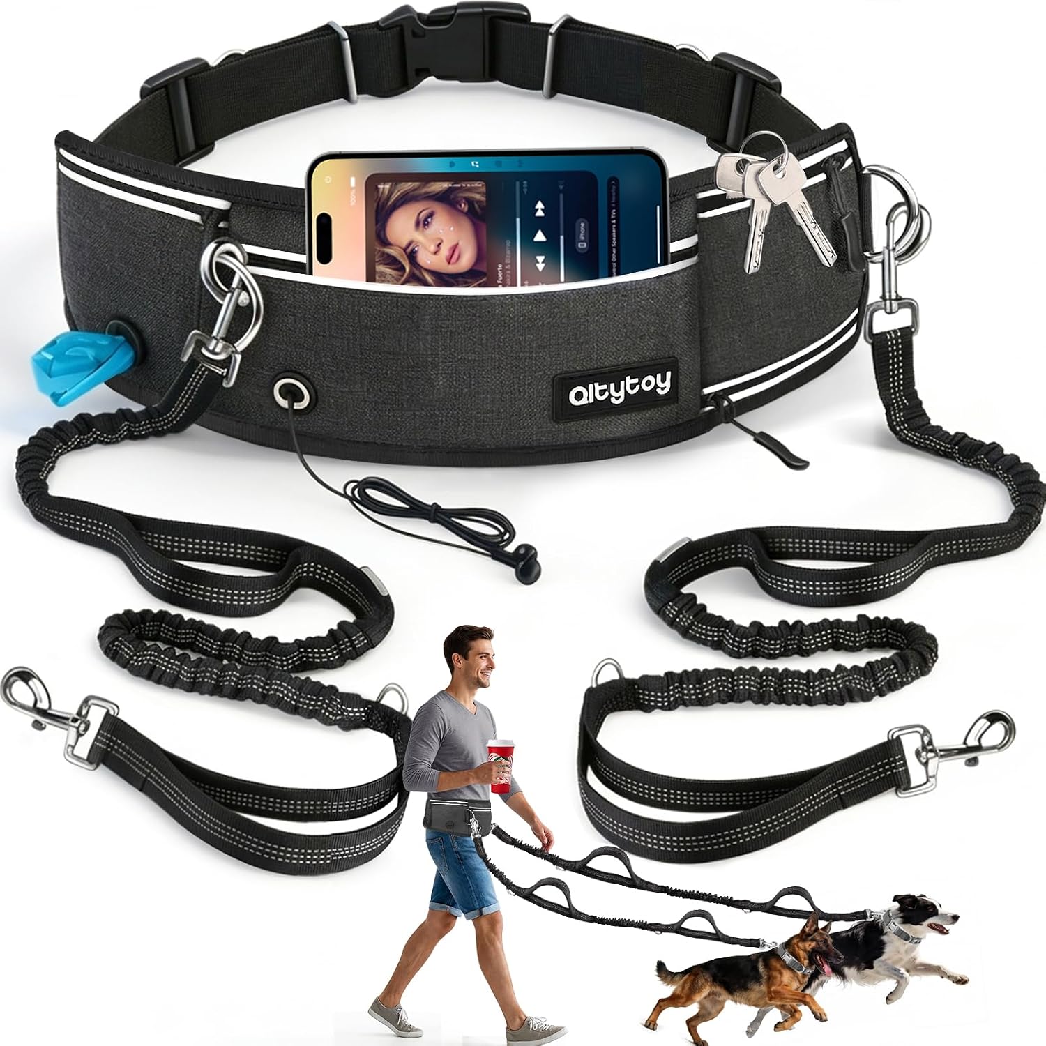 Qltytoy hands free double dog leash front view showing the black adjustable waist belt and dual bungees.