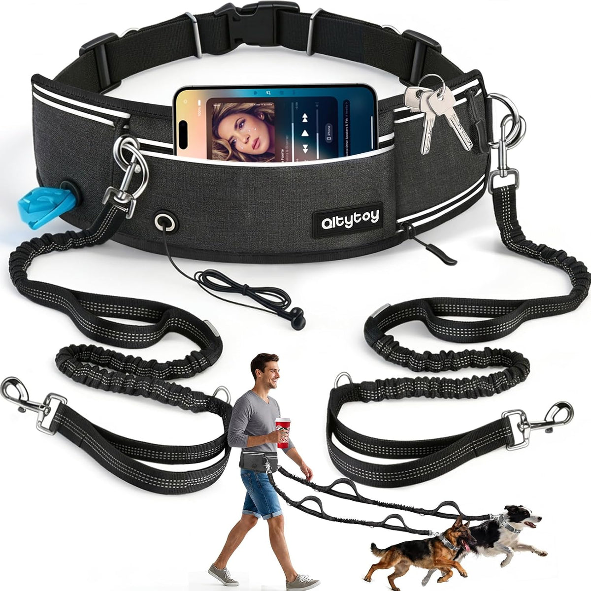 Qltytoy hands free double dog leash front view showing the black adjustable waist belt and dual bungees.