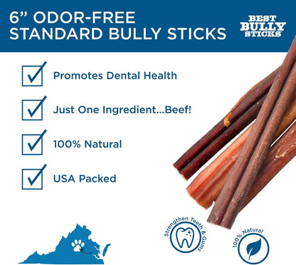 Best Bully Sticks natural beef dog treats scattered to show thickness and size comparison.