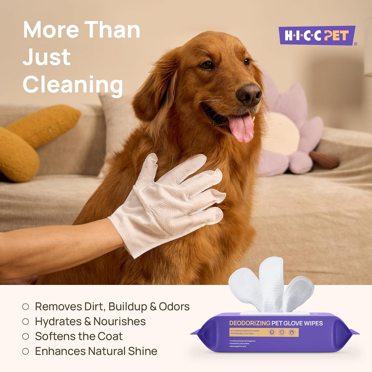 Using Hicc Pet glove wipes to clean dog ears and face