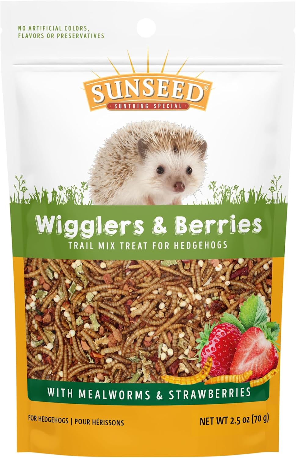 Sunseed Vita Prima Wigglers and Berries Hedgehog Treats front packaging view showing mealworm and berry mix